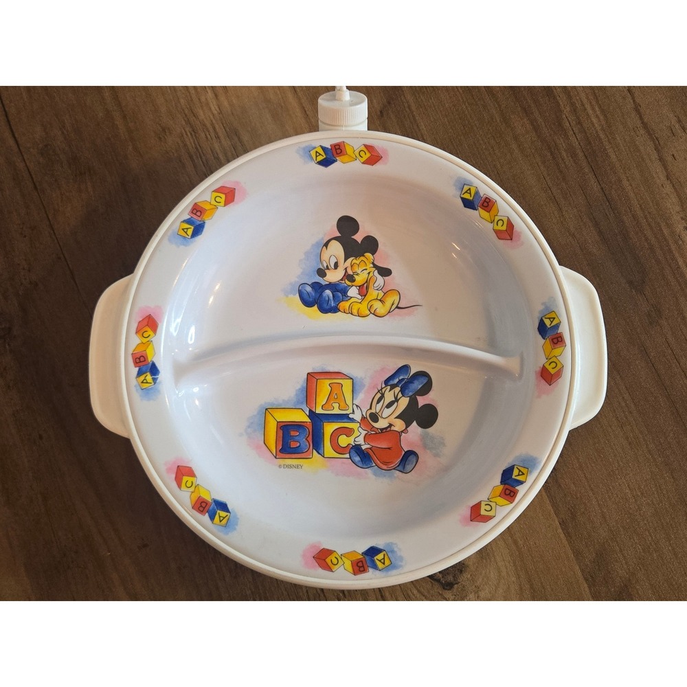 Vintage Disney Mickey Minnie Divided Dish= Water Heated Melamine Suction Base